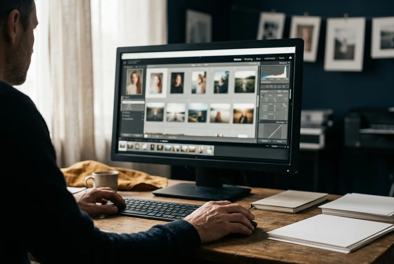 Handen van fotograaf bedienen Lightroom software met fotominiaturen op scherm