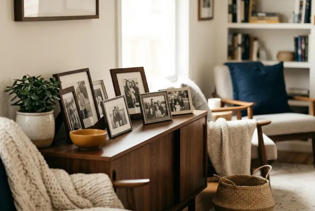 Familiefoto’s in eenvoudige lijsten op een dressoir in een lichte kamer