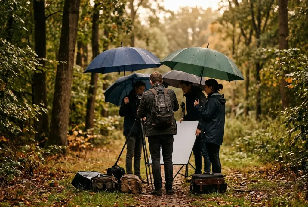 Groep mensen onder paraplu's tijdens buitenshoot in park bij zacht regenachtig weer