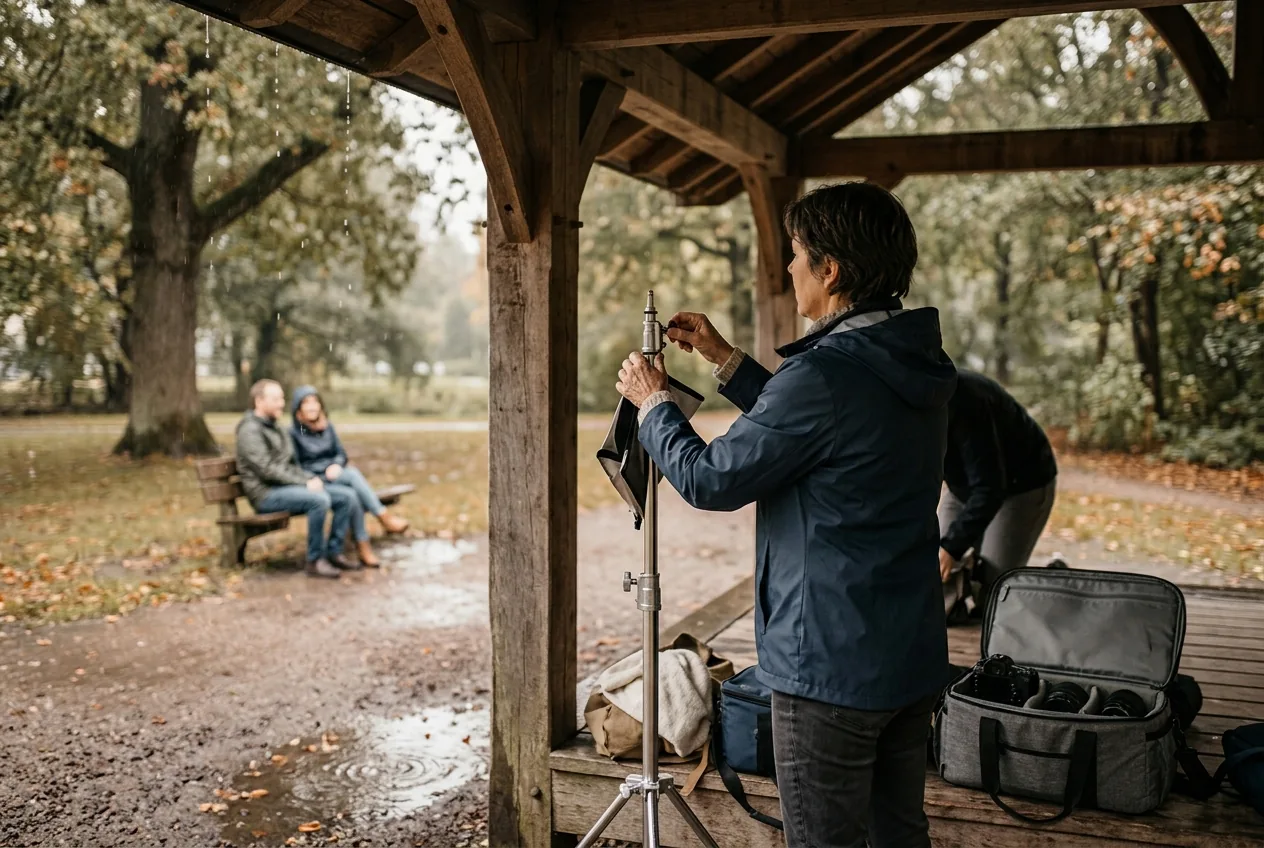 Fotograaf onder overkapping in stadspark zet apparatuur klaar bij bewolkt en regenachtig weer