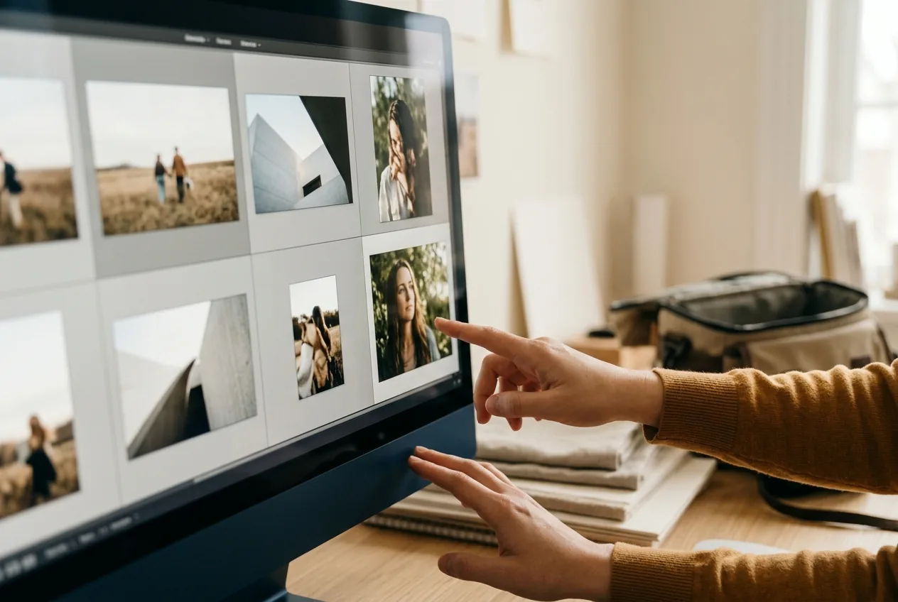 Handen die digitale foto’s en metadata bekijken op beeldscherm