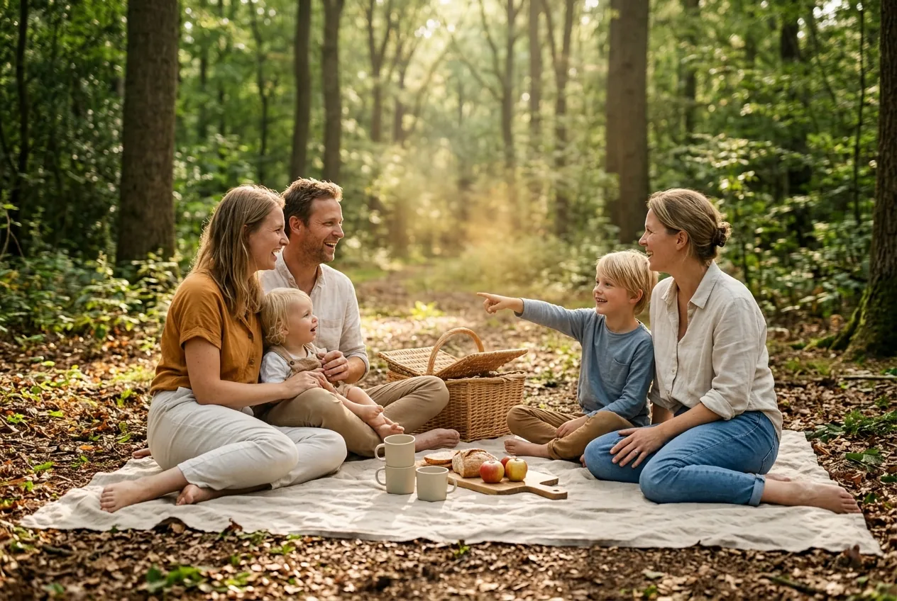 Gezin op picknickkleed in het bos, ontspannen sfeer