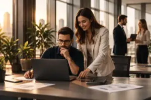 Twee collega's overleggen achter een laptop op kantoor