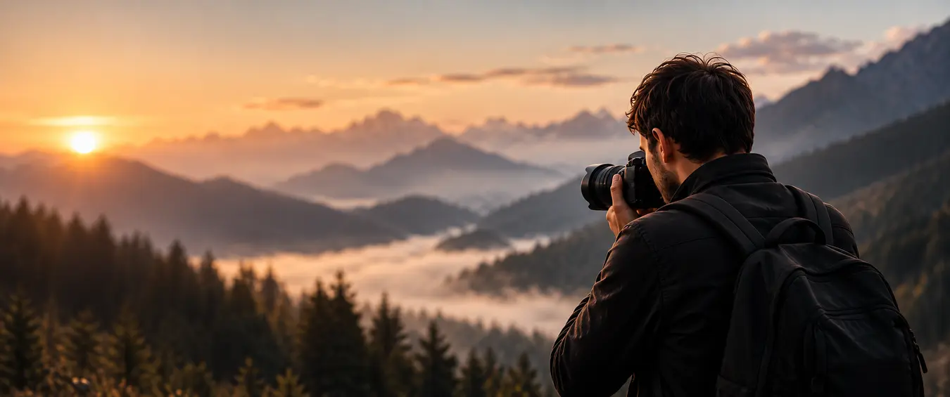 Fotograaf van achteren fotografeert een zonsopgang over de bergen