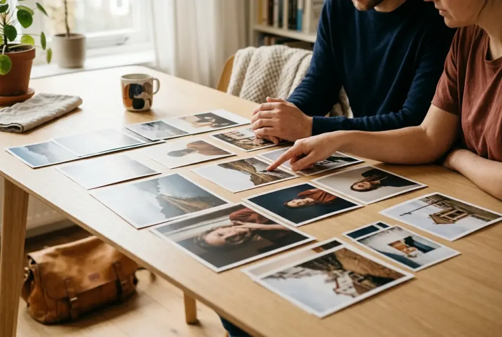 Verschillende foto's uitgespreid op een tafel, mensen wijzen beelden aan