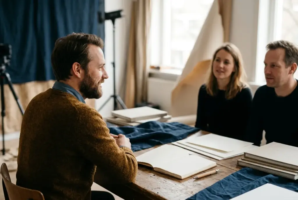 Fotograaf in gesprek met klanten aan tafel