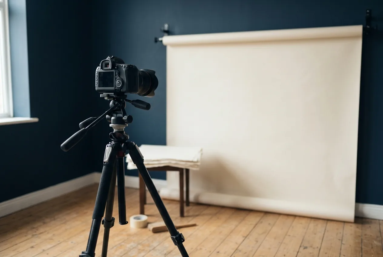 Camera en statief opgesteld in een lichte fotostudio