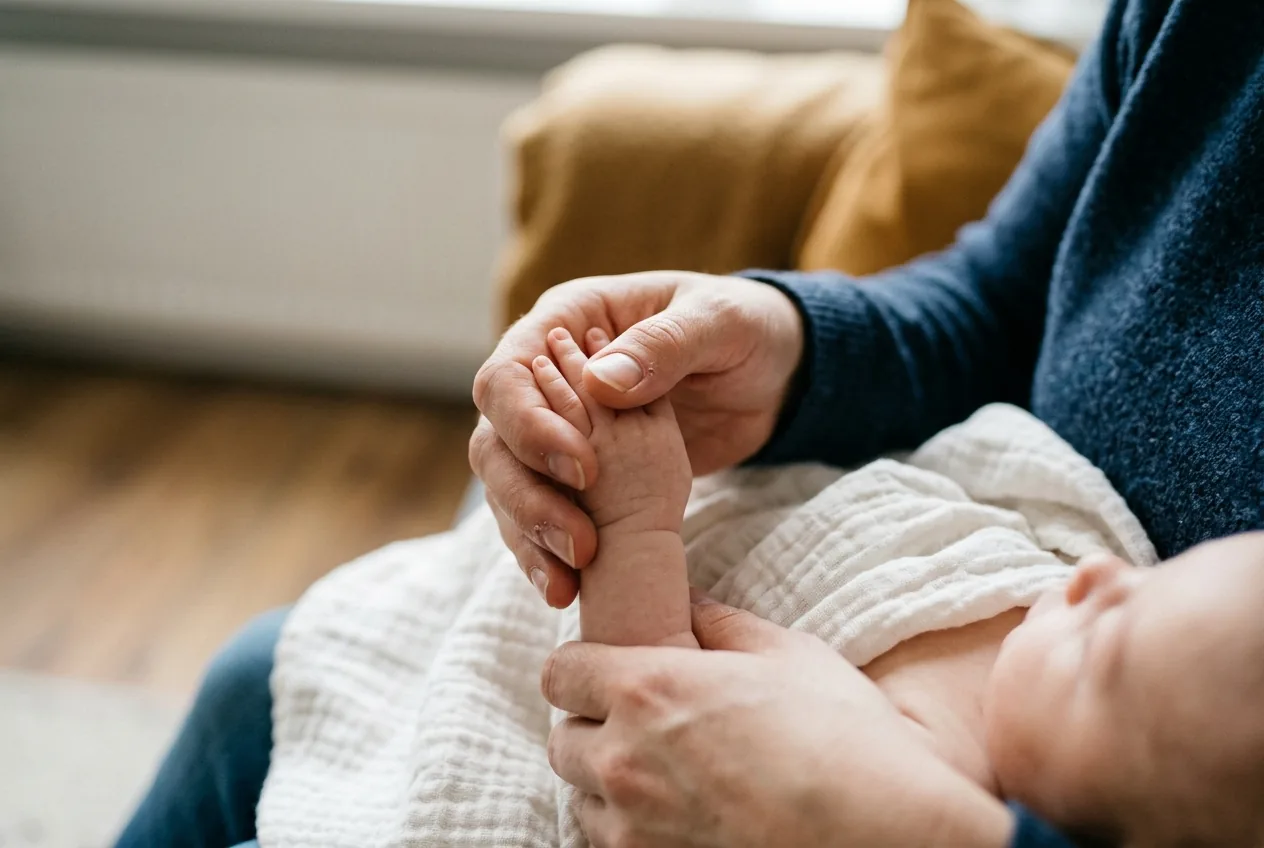Babyhandjes worden vastgehouden door ouder tijdens fotoshoot