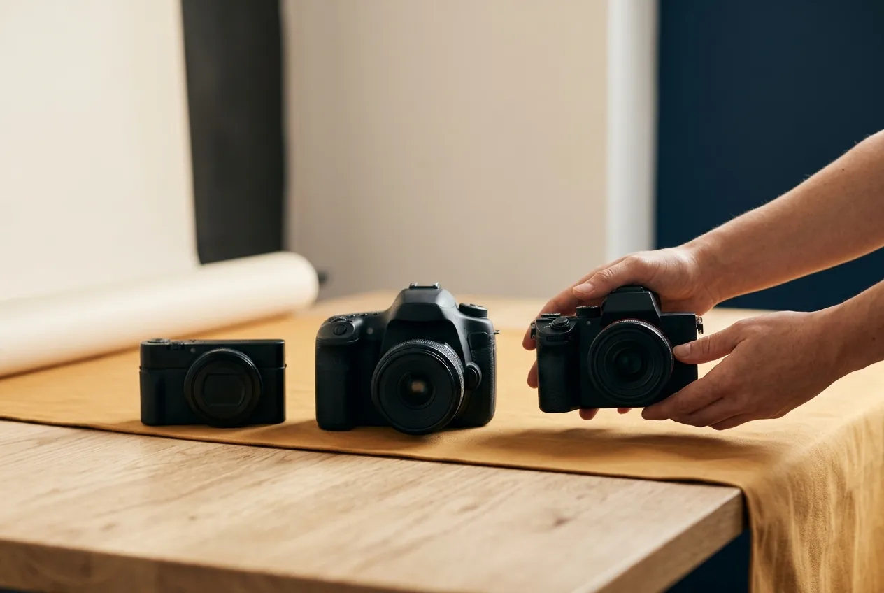 Compactcamera, spiegelreflexcamera en systeemcamera naast elkaar