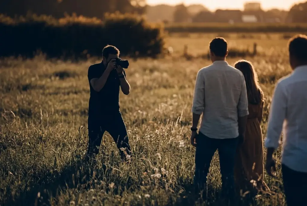 Portretfotograaf fotografeert tijdens het gouden uur in het veld