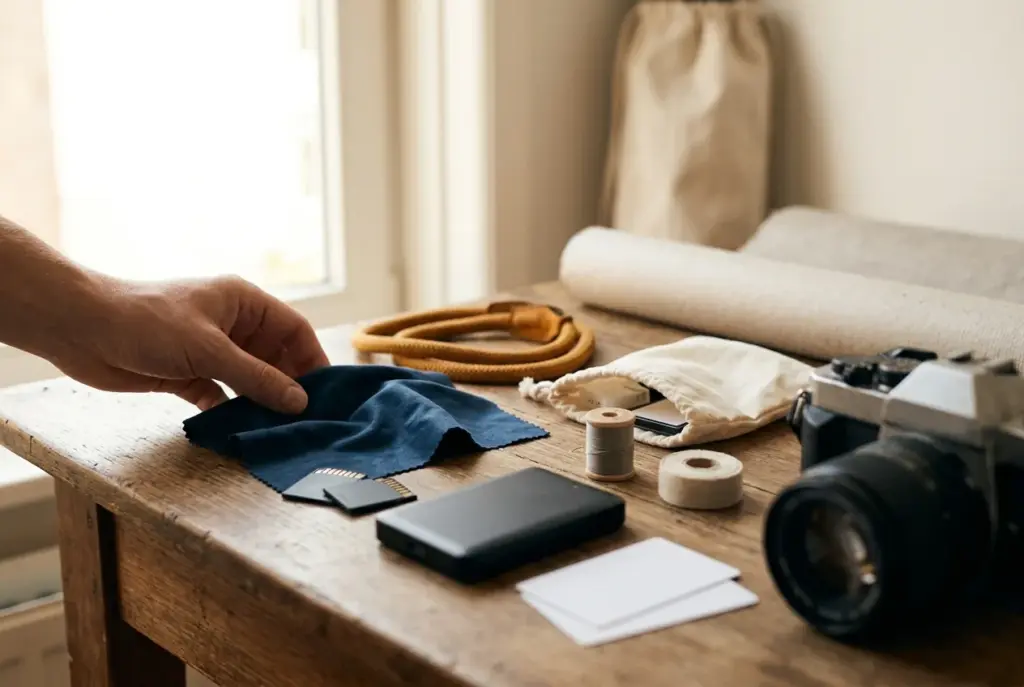 Diverse accessoires voor fotografen, zoals draagriemen en opbergers, sfeervol uitgestald