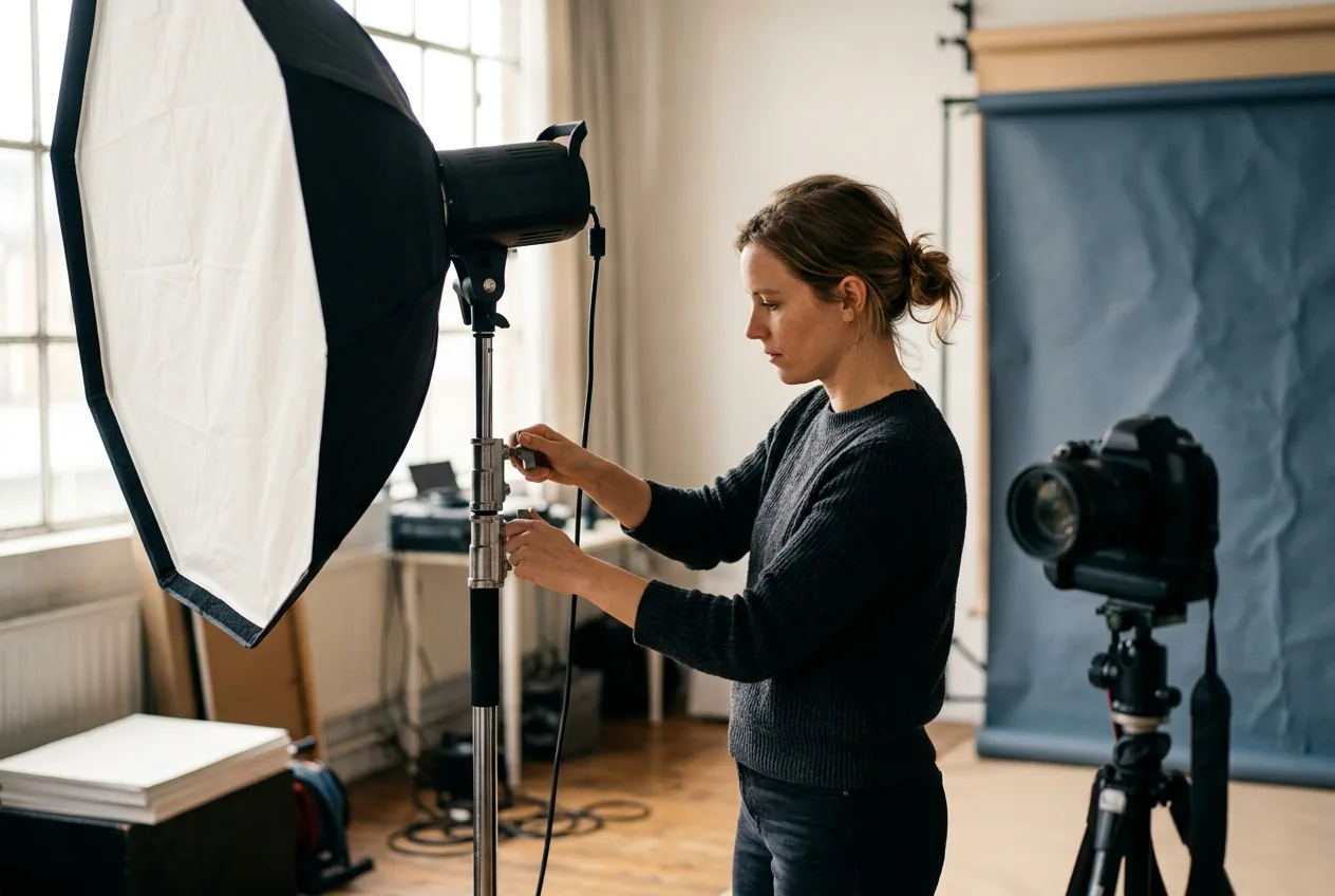 Fotograaf stelt studiolicht in tijdens een sessie