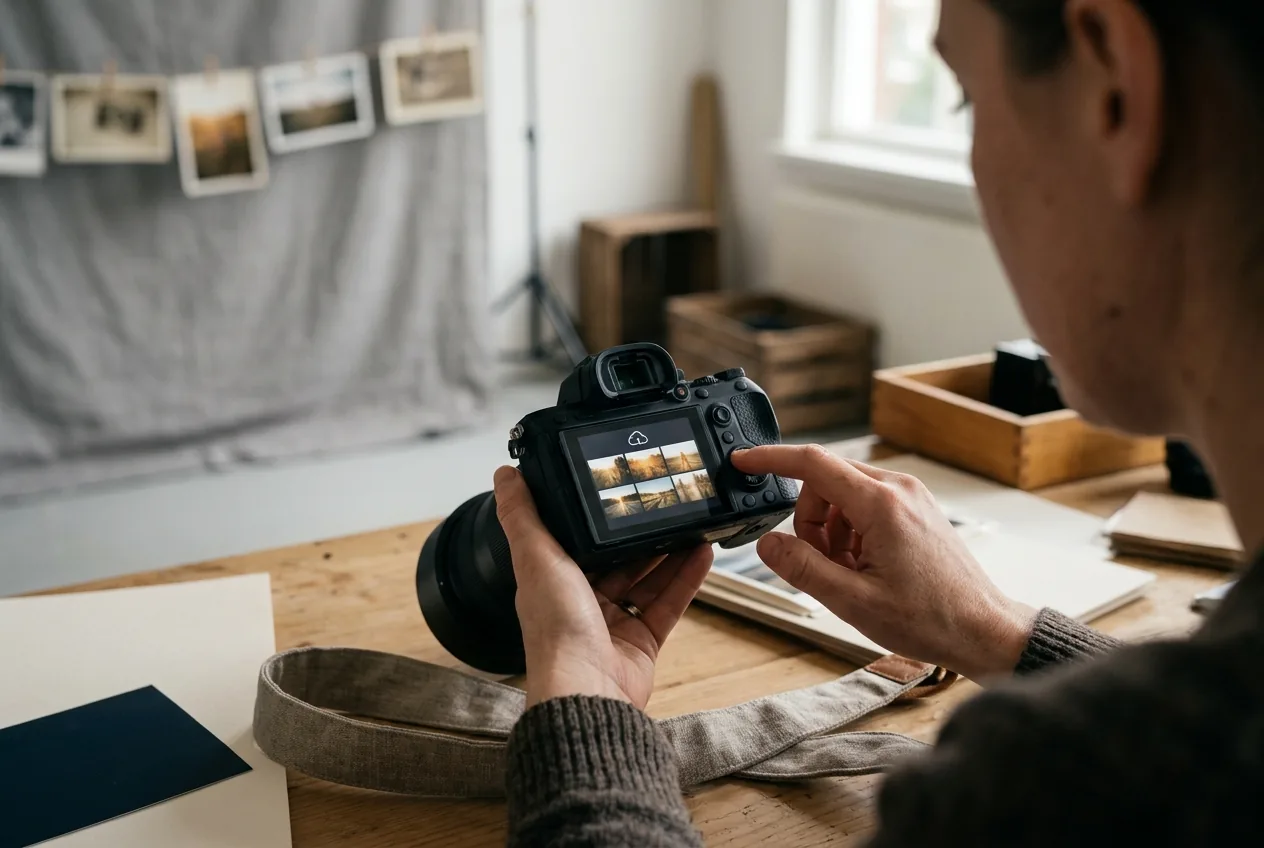 Camera met scherm waarop live-upload naar de cloud zichtbaar is