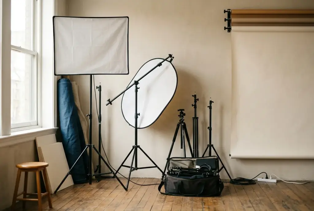 Studio met softboxen, reflectiescherm en lampstatieven in een overzichtelijke opstelling