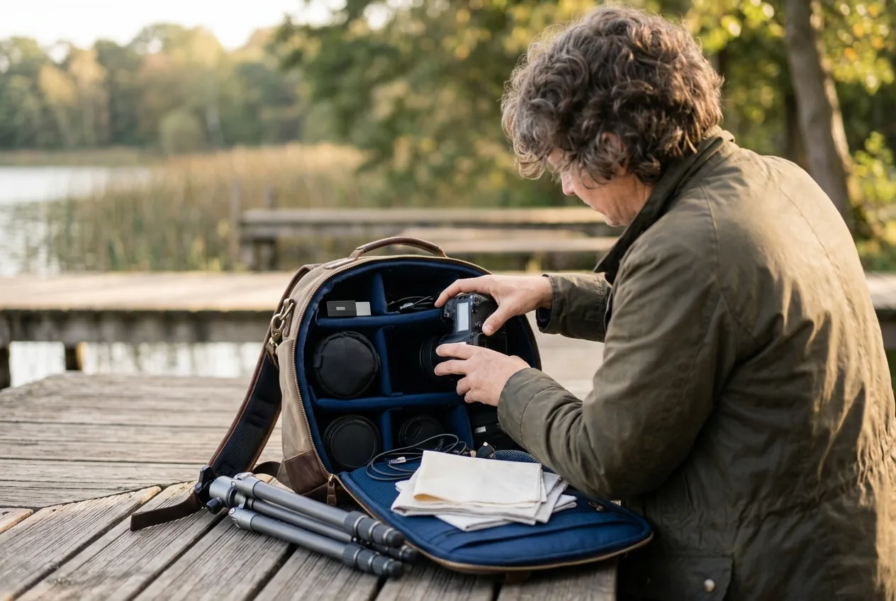 Fotograaf pakt accessoires in een gevoerde cameratas in