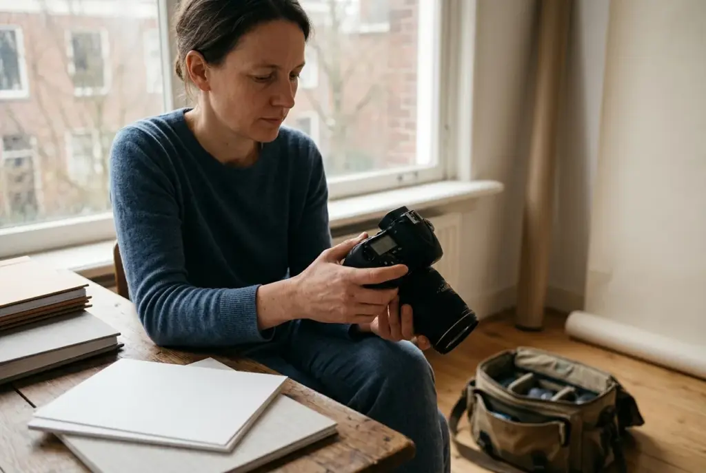 Fotograaf bekijkt onscherpe foto's op camera bij daglicht