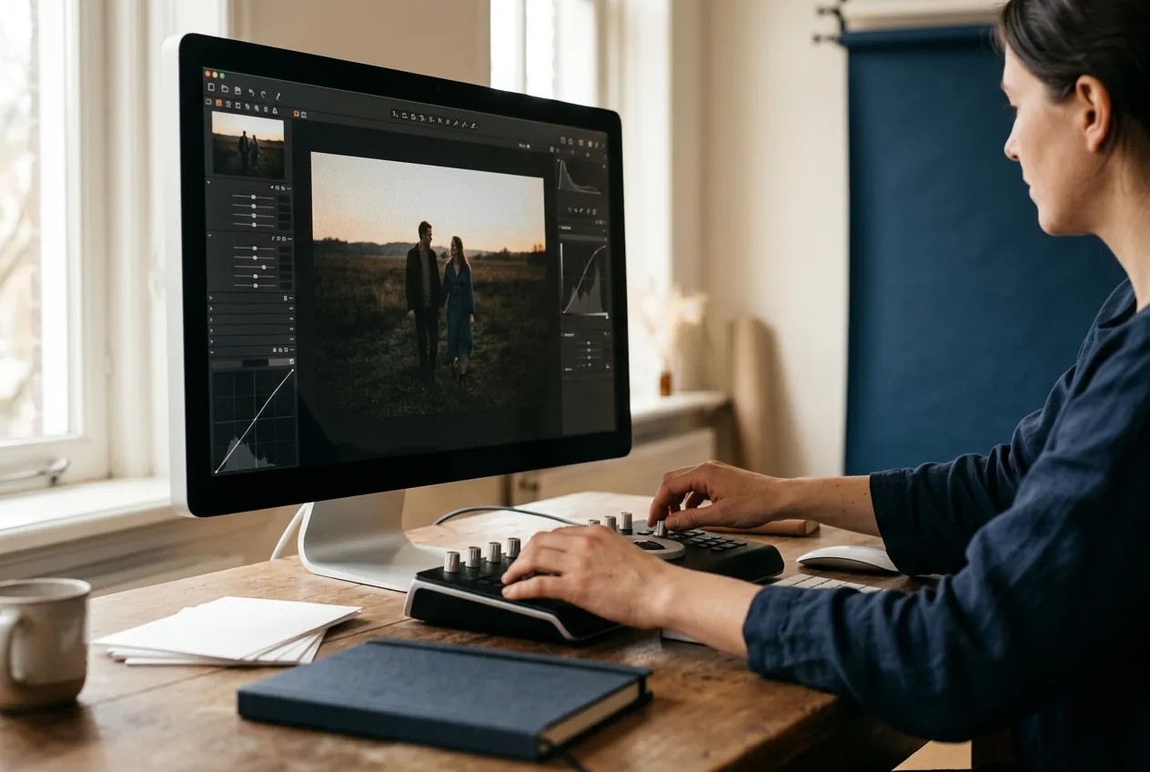 Beelden op computerscherp met zichtbare ruis in de schaduwen, hand aan schuifregelaar