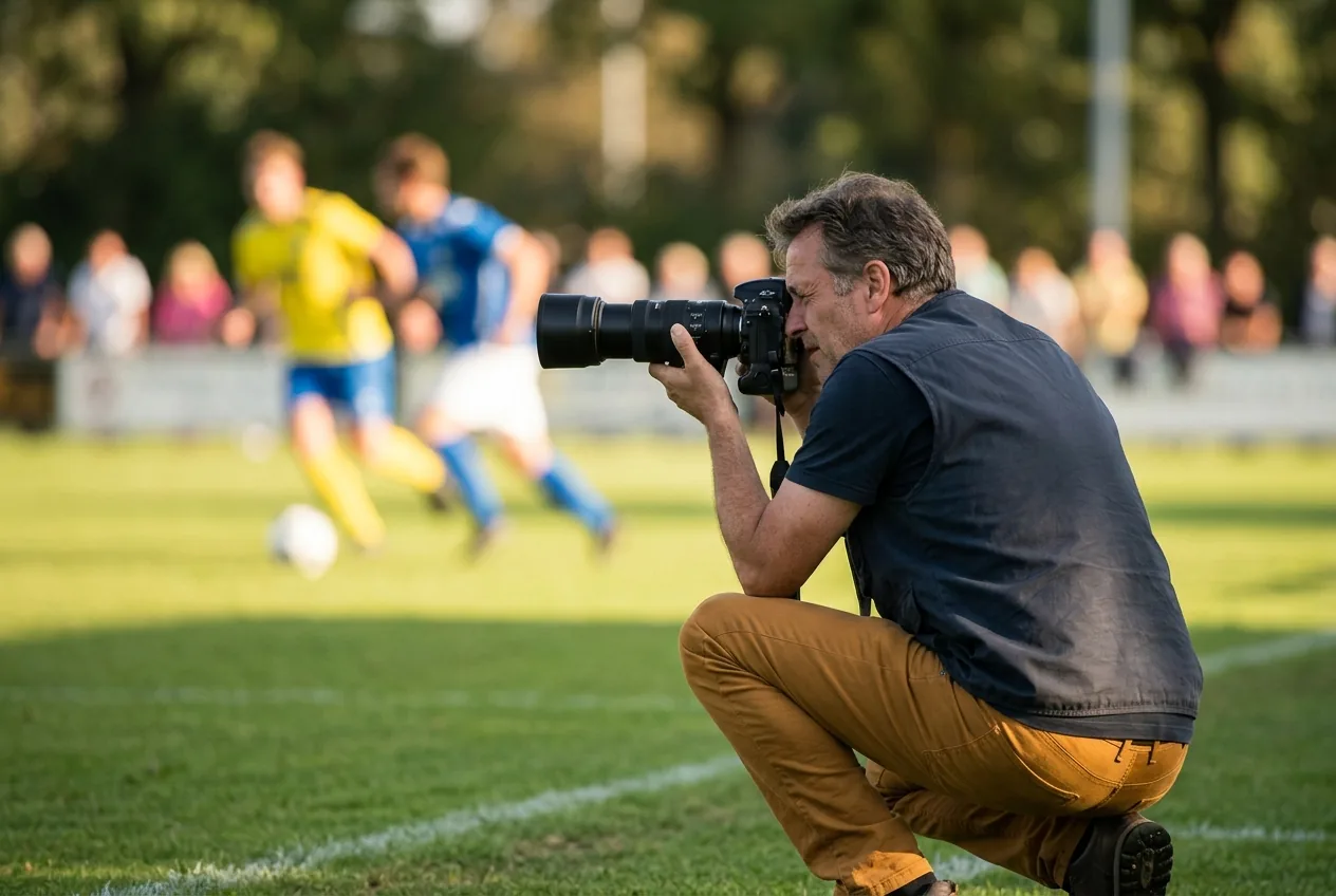 Fotograaf staat klaar langs sportveld voor actievol moment