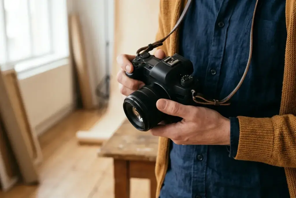 Fotograaf met een camera en prime-lens in de hand