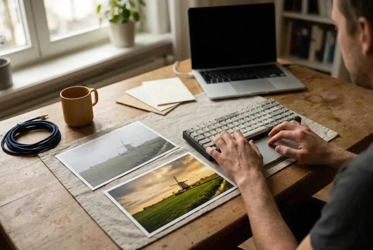 Twee landschapsfoto’s naast elkaar: een onbewerkte en een bewerkte, met handen aan het toetsenbord
