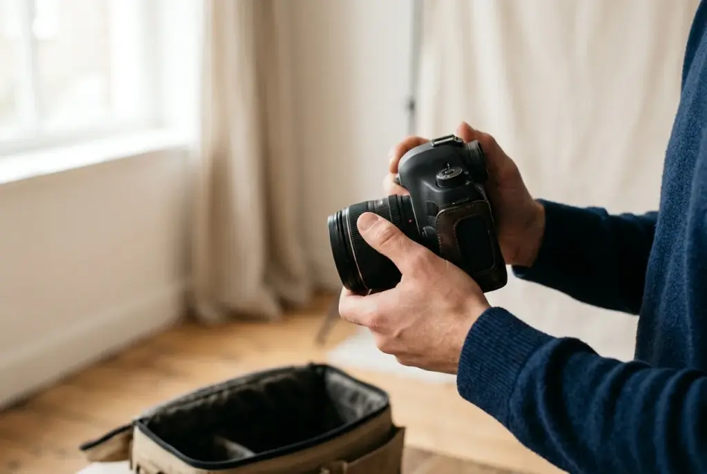 Handen houden een camera vast en stellen scherp bij daglicht