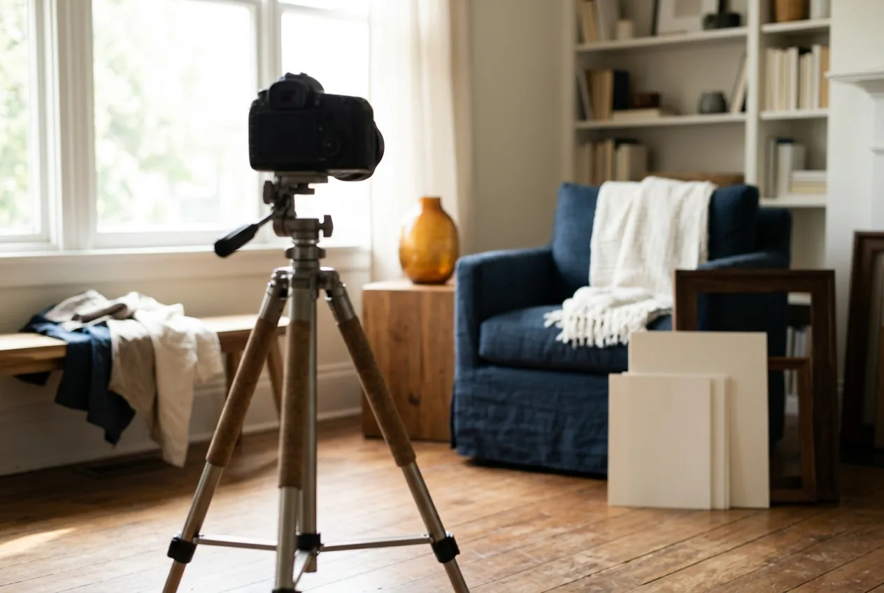 Een statief met camera in een lichte woonkamer, zonder personen