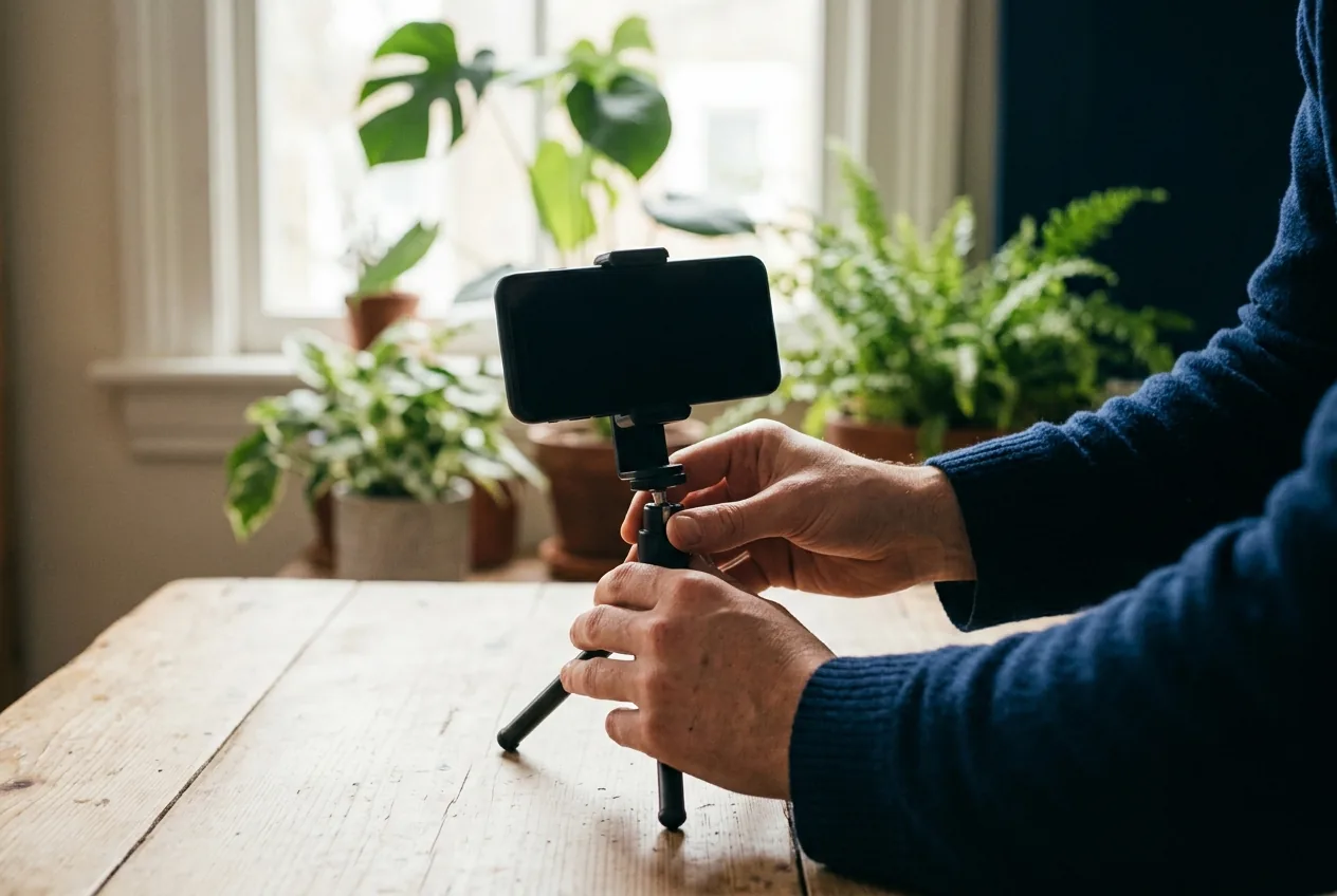 Smartphone op ministatief bij het fotograferen van een stilleven