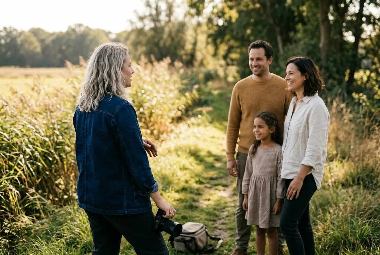 Fotograaf geeft aanwijzingen aan een groep voor een ontspannen fotosessie
