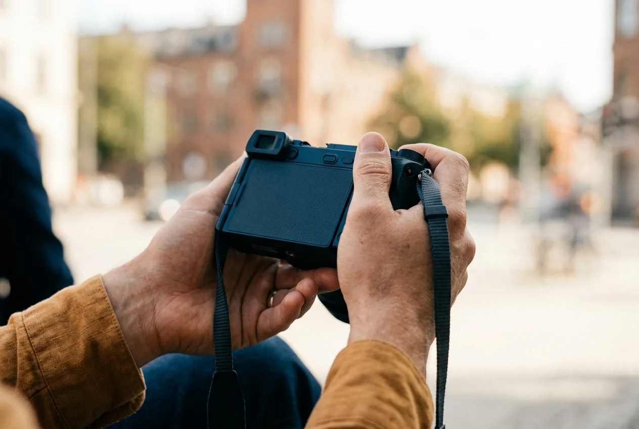 Fotograaf houdt een systeemcamera vast, stadsachtergrond