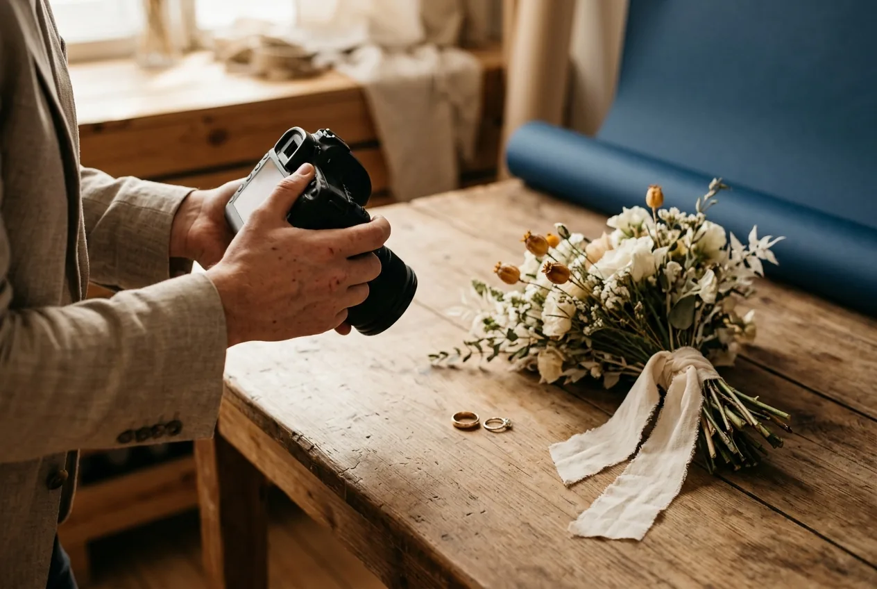 Camera van bruidsfotograaf naast trouwringen en boeket op tafel