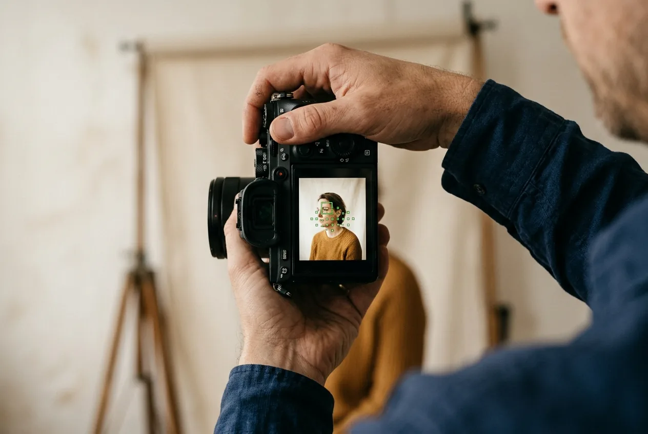 Camera met oog-autofocus in studio, scherpstelpunt op oog van model