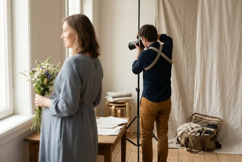 Zwangerschapsshoot binnen bij raam met zachte belichting