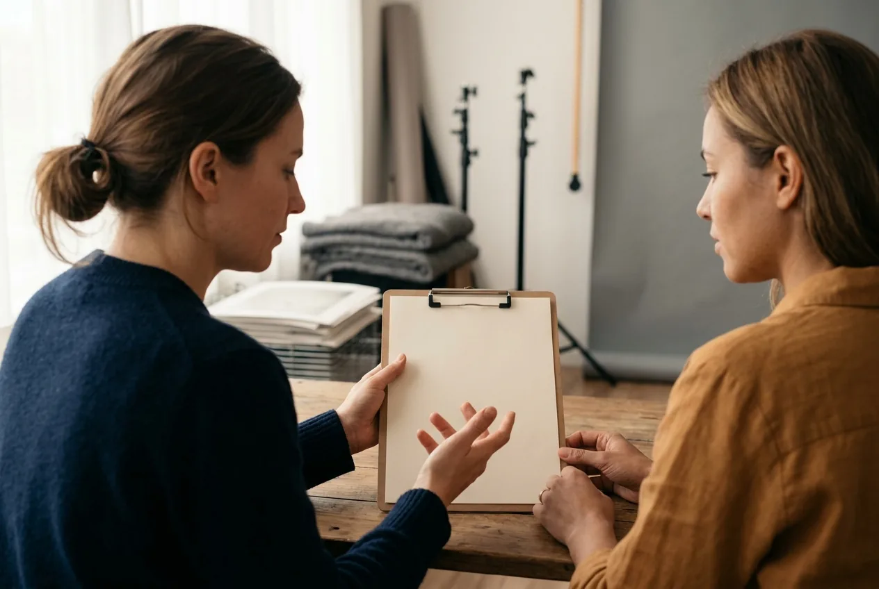 Fotograaf legt toestemmingsformulier uit aan klant voor fotoshoot