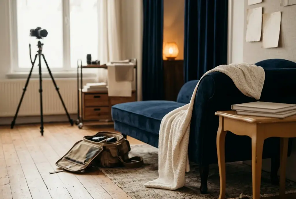Zacht verlichte studio met fluwelen gordijnen en een elegante fauteuil, ideale sfeer voor een boudoir fotoshoot