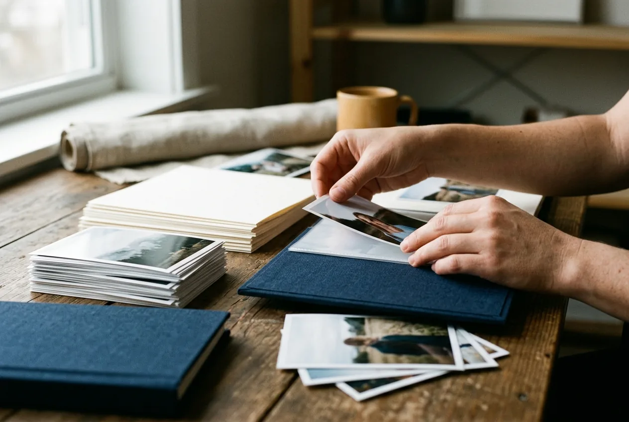 Handen die een fotoalbum samenstellen met glanzende afdrukken