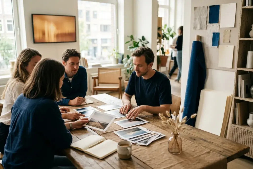Zakelijk team bespreekt fotolicenties met marketingmaterialen op tafel