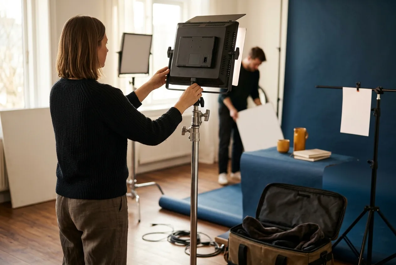 Fotograaf stelt ledpanelen af in studio voor zakelijke fotoshoot