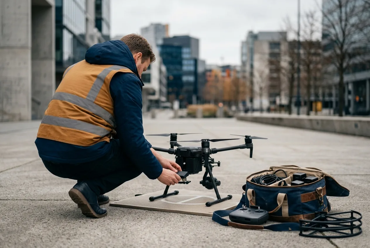 Dronepiloot maakt drone klaar voor vertrek op locatie