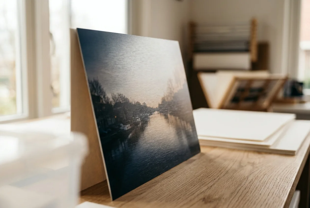 Detail van geborsteld metallic dibond met zichtbaar zilver effect