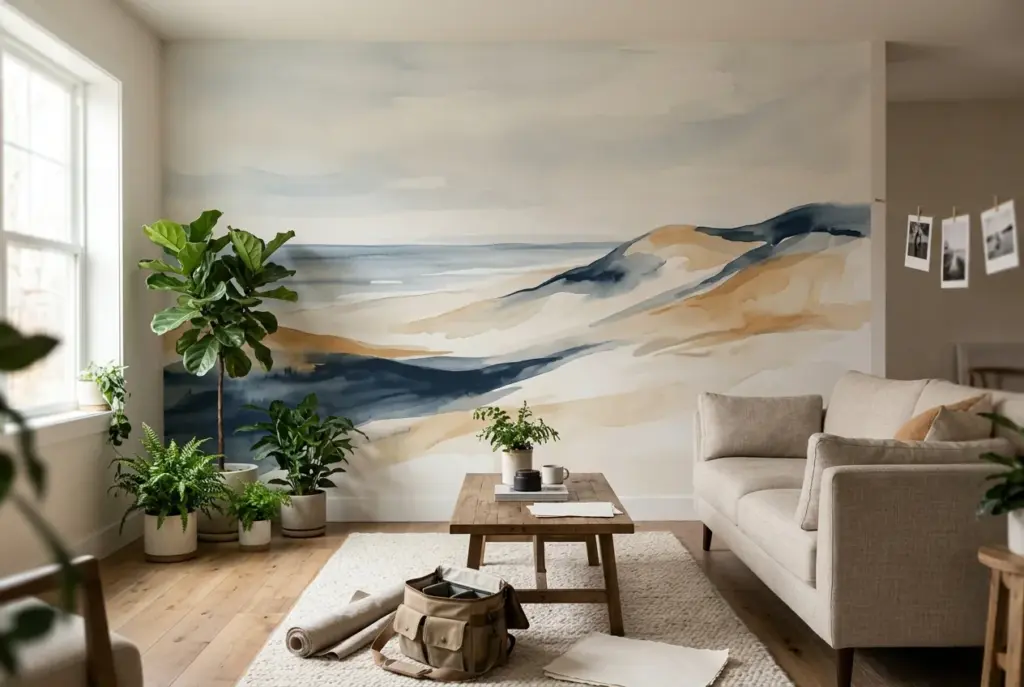 Modern interieur met groot fotobehang op maat op de muur