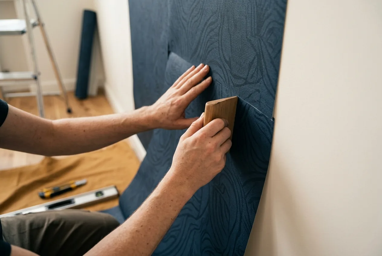 Handen plakken naadloos fotobehang op een vlakke wand