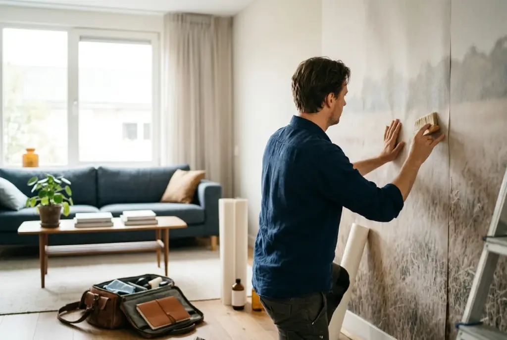 Woonkamer met fotobehang op de muur en iemand die het behang aanbrengt