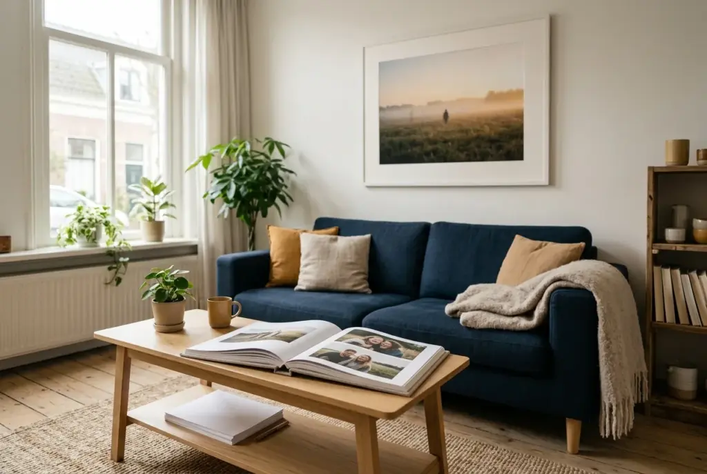 Sfeervolle woonkamer met ingelijste foto aan de muur en open fotoalbum op tafel