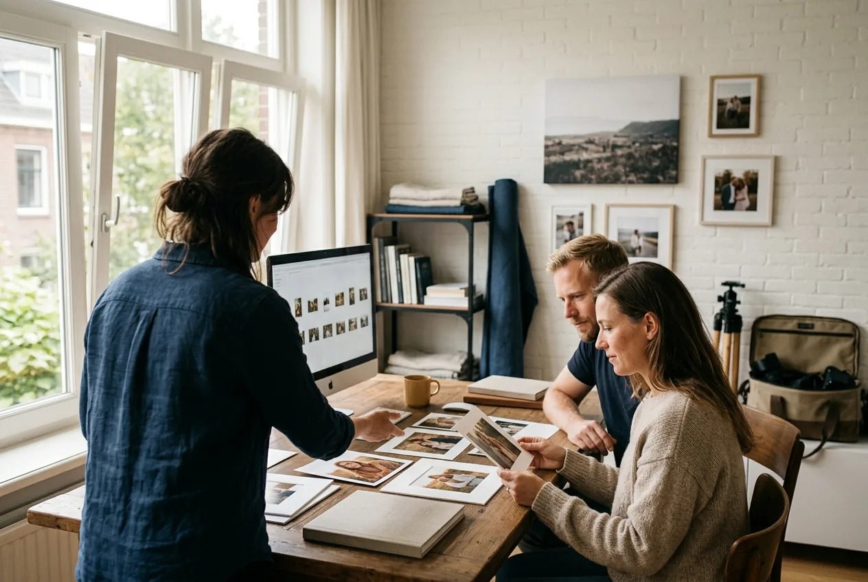 Fotograaf toont voorbeeldalbums en afdrukken aan klanten in lichte werkruimte