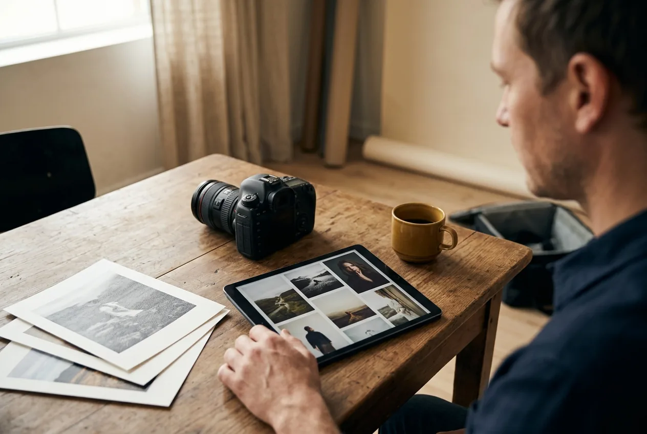Iemand vergelijkt portfolios van fotografen op tablet aan eettafel met camera en foto's