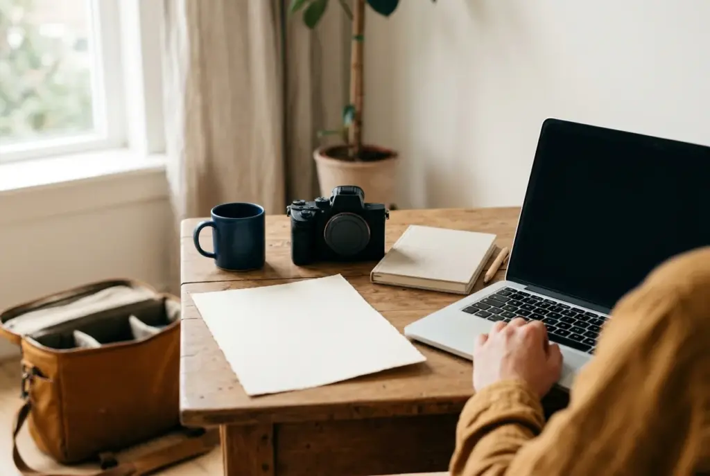 Werkplek met een uitgeprinte offerte en camera naast een laptop
