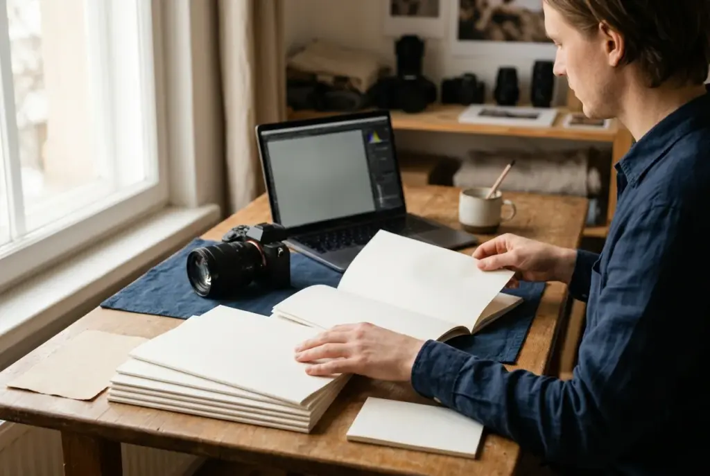 Freelance fotograaf bekijkt contracten en model releases in een lichte werkruimte