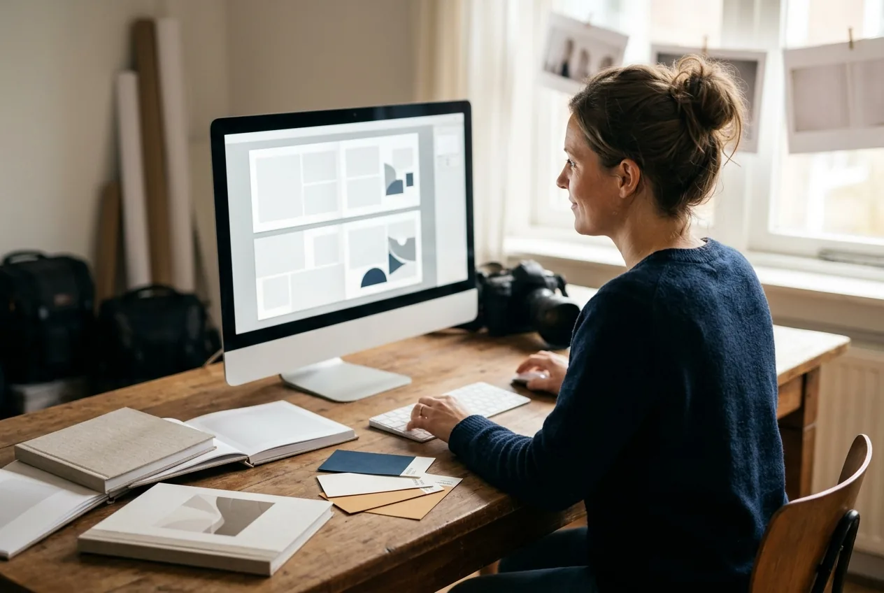 Fotograaf ontwerpt fotoalbum aan het bureau, met voorbeeldalbums en kleurstalen