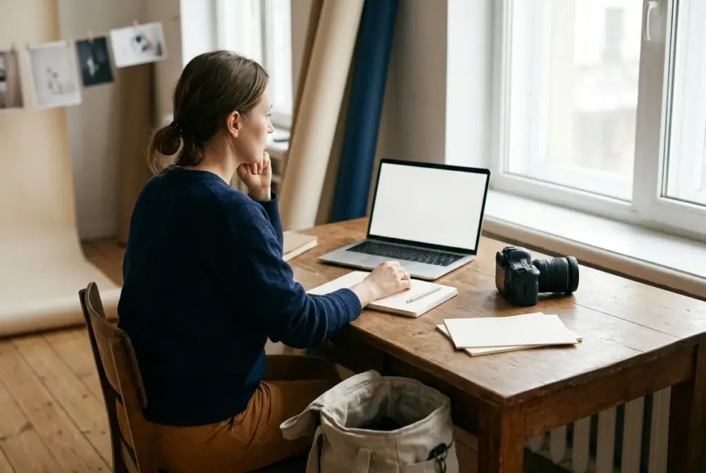 Fotograaf aan bureau met laptop en camera, bezig met administratie