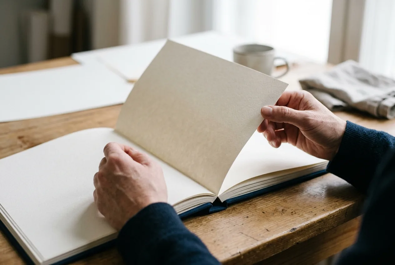 Handen bladeren door luxe fotoalbum met dikke lay-flat pagina’s
